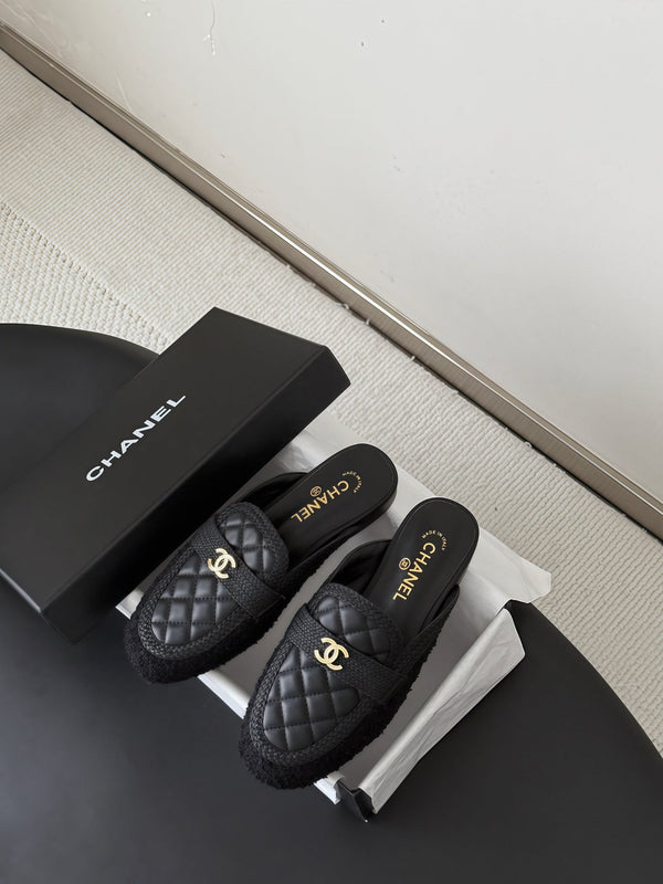 CC Quilted Logo Strap Mules Black Tweed & Leather 914191
