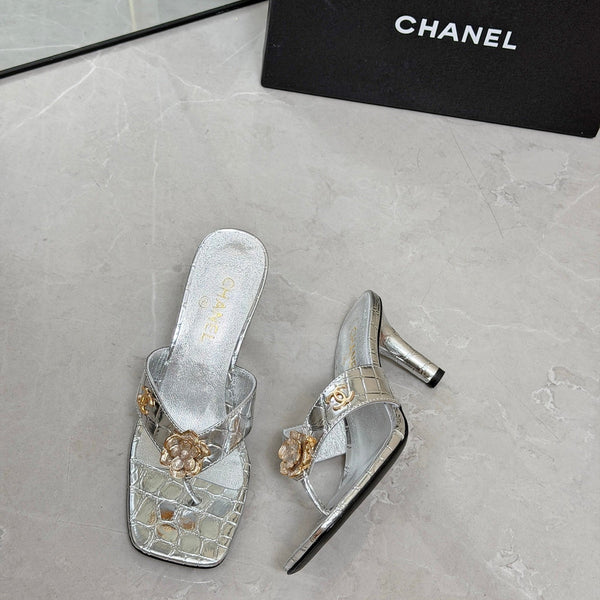 CC 26A Camellia Double C Thong Sandals 8.5CM Silver Stone-Grain Cowhide 938255