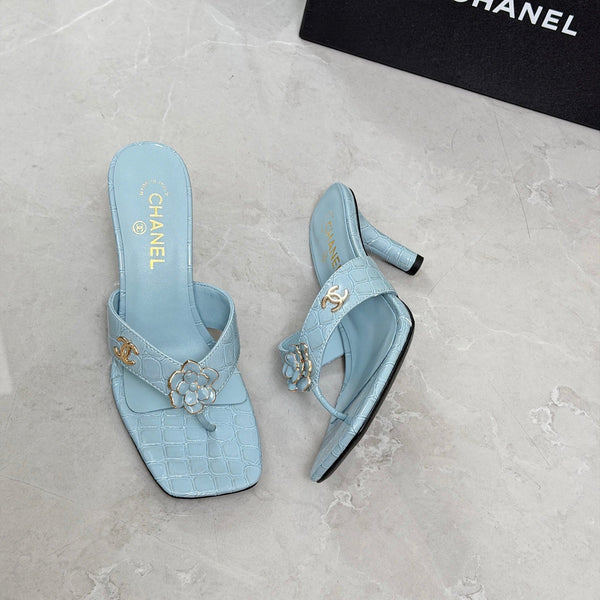 CC 26A Camellia Double C Thong Sandals 8.5CM Blue Stone-Grain Cowhide 938252