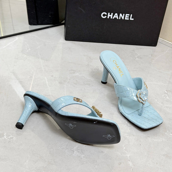 CC 26A Camellia Double C Thong Sandals 8.5CM Blue Stone-Grain Cowhide 938252