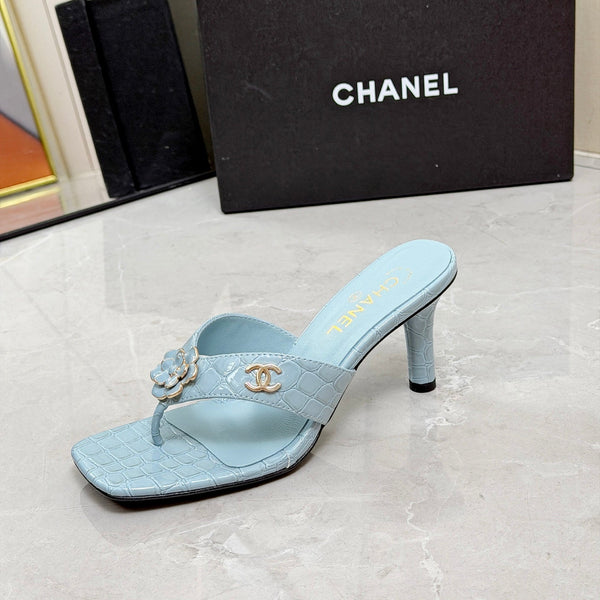 CC 26A Camellia Double C Thong Sandals 8.5CM Blue Stone-Grain Cowhide 938252