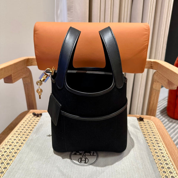 HM Picotin Lock 18CM Pocket Handbag Black Swift Canvas