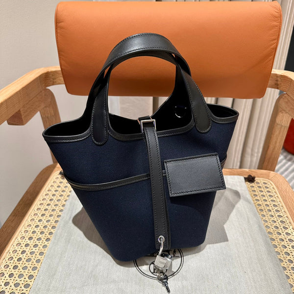 HM Picotin Lock 18CM Pocket Handbag Navy Black Swift Canvas