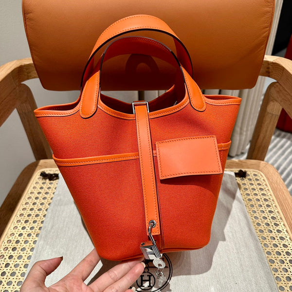HM Picotin Lock 18CM Pocket Handbag Orange Swift Canvas