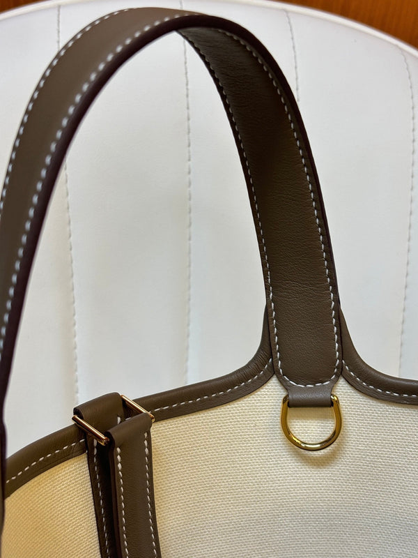 HM Picotin Lock 18CM Pocket Handbag Ivory Etoupe Swift Canvas