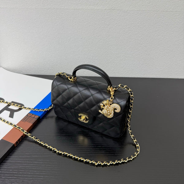 CC 26P Top Handle Classic Flap 20 Squirrel Charm Black Caviar Leather 163715