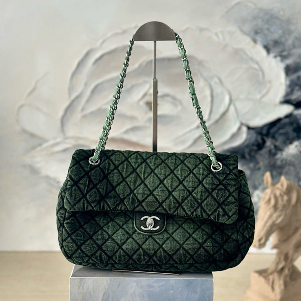 CC Quilted 32cm Maxi Flap Bag Green Imported Denim Jeans 162941 162929