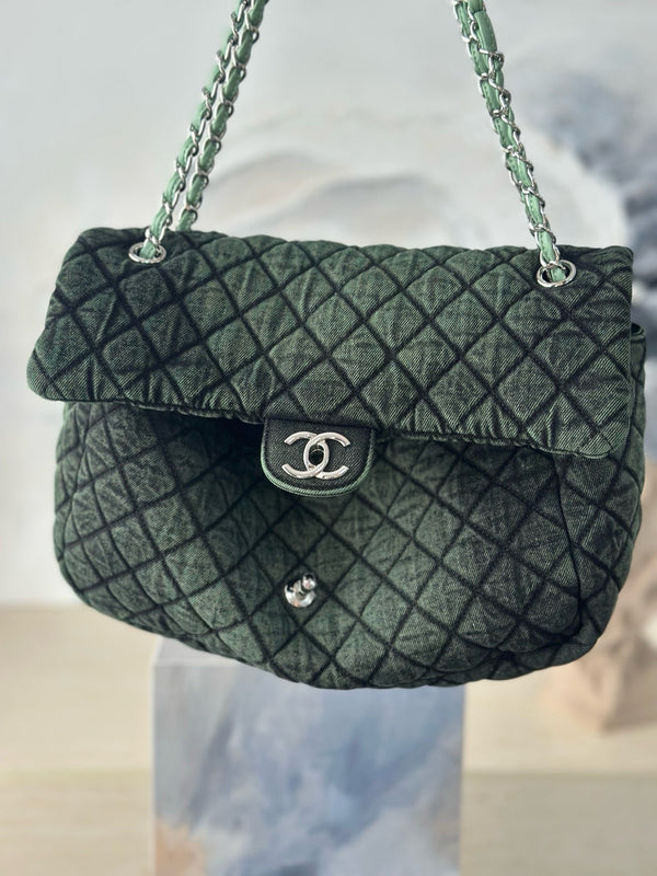 CC Quilted 32cm Maxi Flap Bag Green Imported Denim Jeans 162941 162929