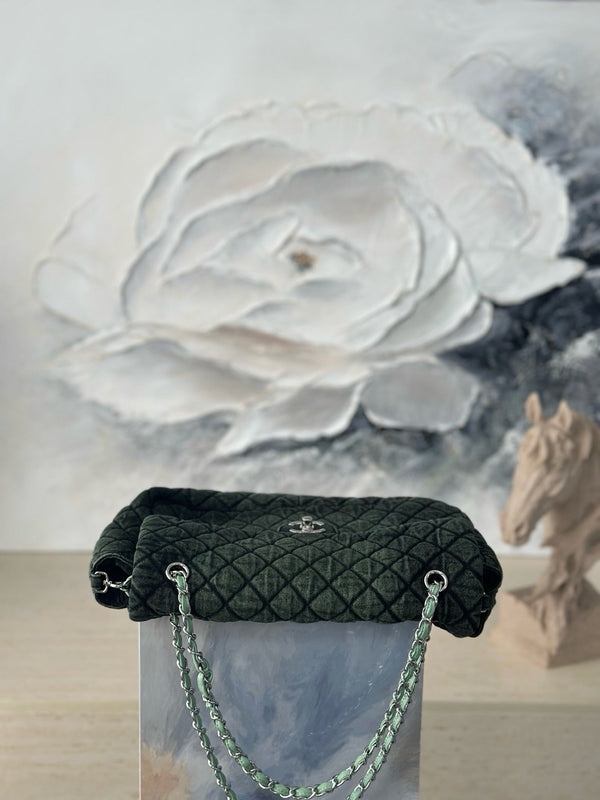 CC Quilted 32cm Maxi Flap Bag Green Imported Denim Jeans 162941 162929