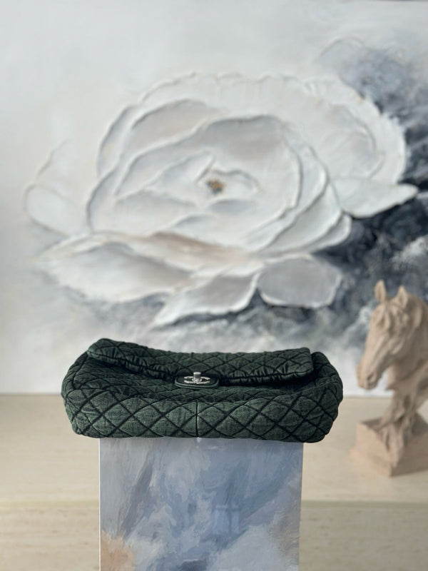 CC Quilted 32cm Maxi Flap Bag Green Imported Denim Jeans 162941 162929
