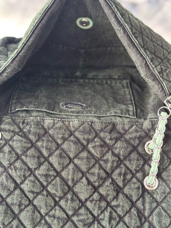 CC Quilted 32cm Maxi Flap Bag Green Imported Denim Jeans 162941 162929