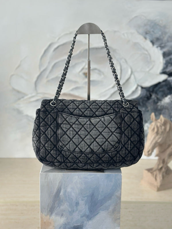 CC Quilted 32cm Maxi Flap Bag Grey Imported Denim Jeans 162941