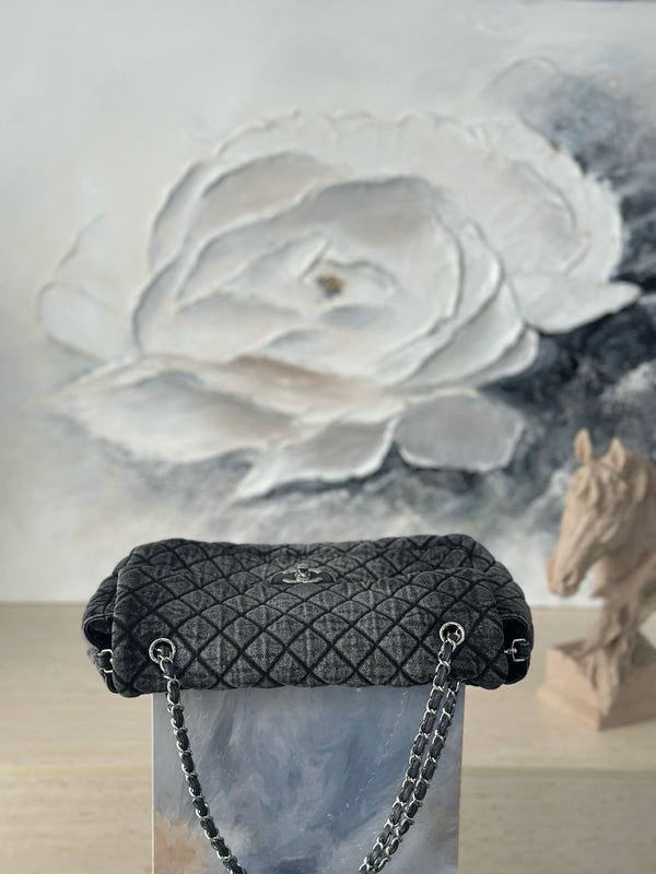 CC Quilted 32cm Maxi Flap Bag Grey Imported Denim Jeans 162941