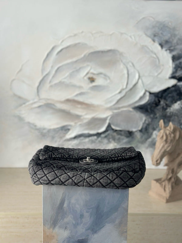 CC Quilted 32cm Maxi Flap Bag Grey Imported Denim Jeans 162941