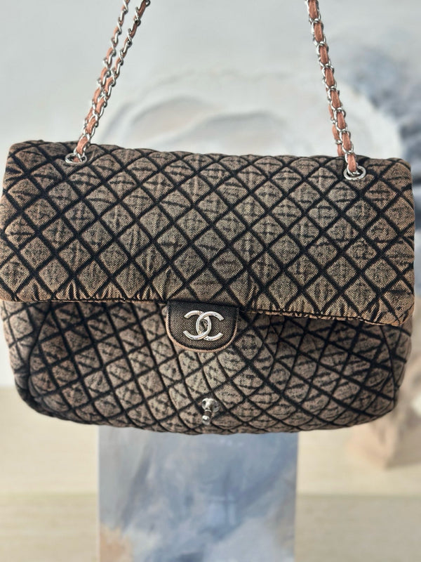 CC Quilted 38.5cm Maxi Flap Bag Army Green Imported Denim Jeans 162933