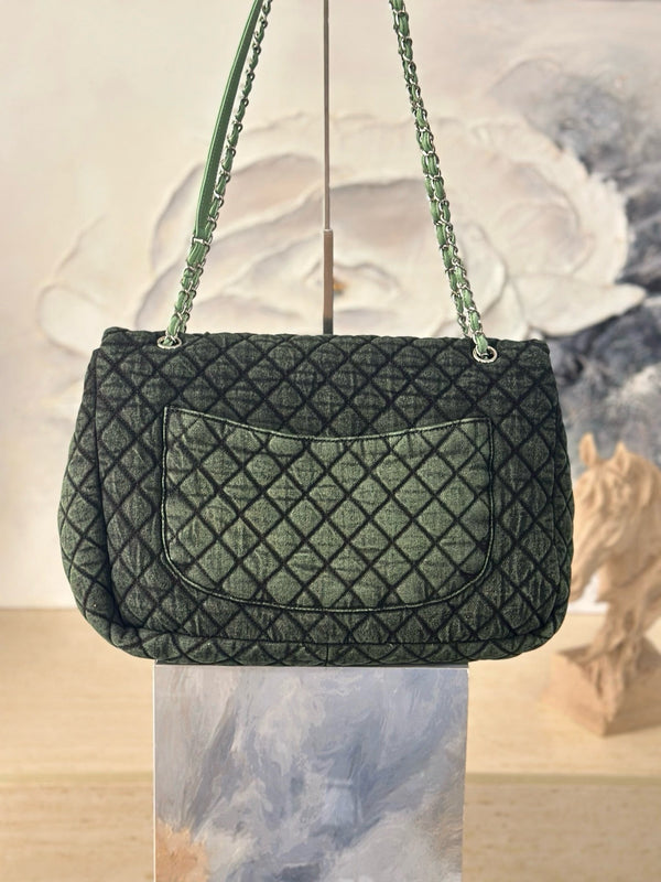 CC Quilted 38.5cm Maxi Flap Bag Green Imported Denim Jeans 162927