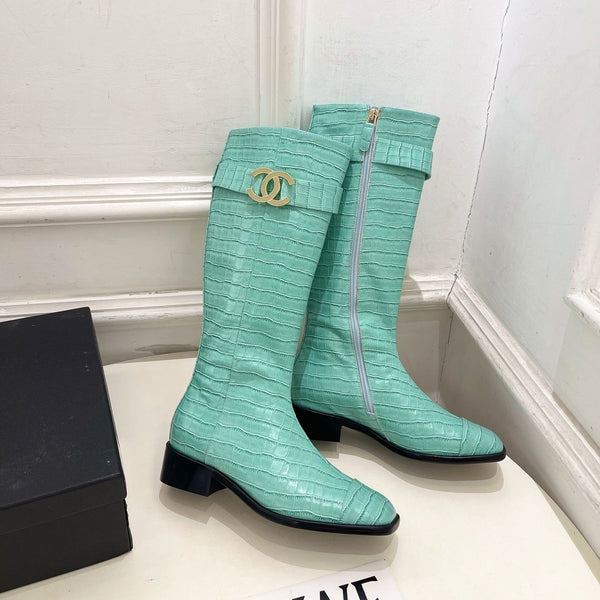 CC Double C Knee-High Boots 3.5CM Mint Green Croc-Embossed Leather 946897