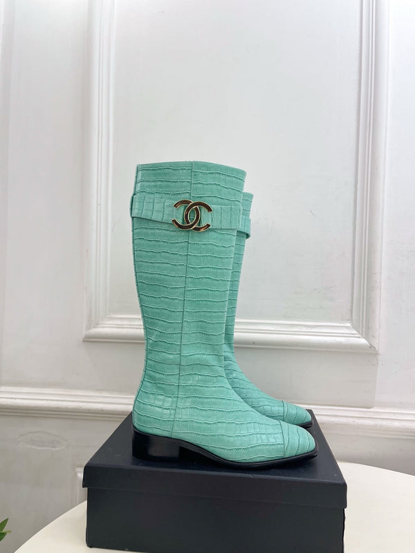 CC Double C Knee-High Boots 3.5CM Mint Green Croc-Embossed Leather 946897