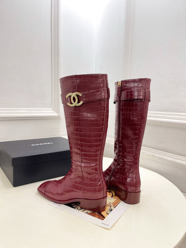 CC Double C Knee-High Boots 3.5CM Burgundy Croc-Embossed Leather 946896