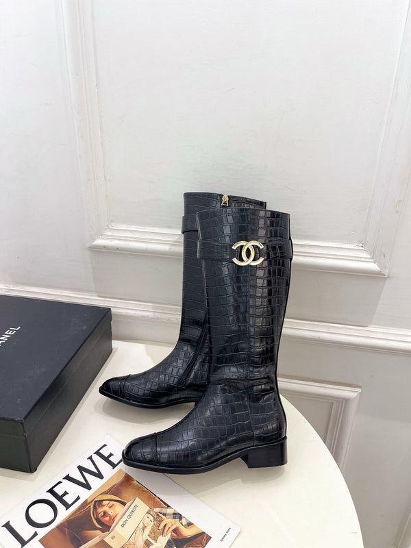 CC Double C Knee-High Boots 3.5CM Black Croc-Embossed Leather 946895