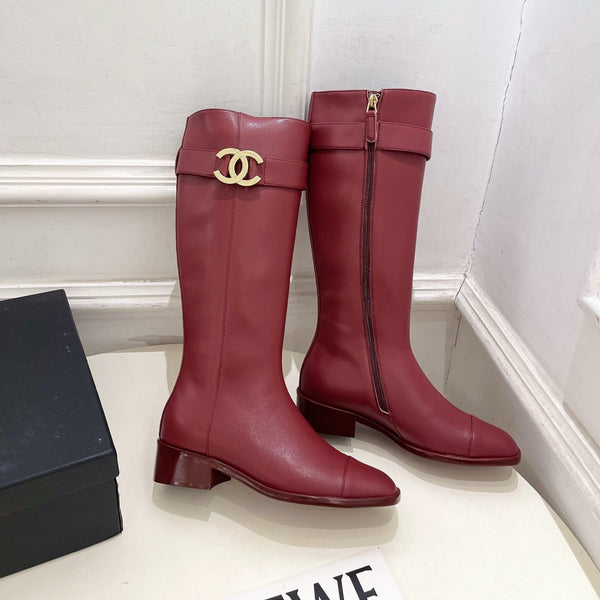 CC Double C Knee-High Boots 3.5CM Burgundy Leather 946893