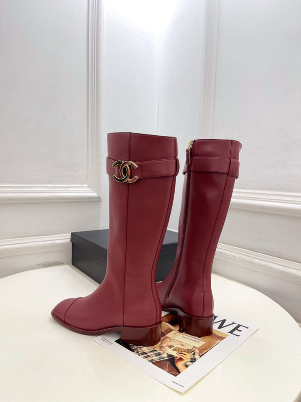CC Double C Knee-High Boots 3.5CM Burgundy Leather 946893