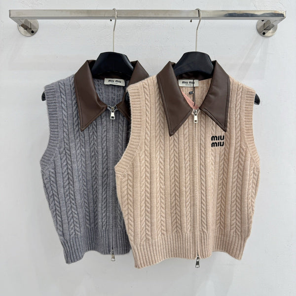 Miu Cable-Knit Zip-Up Sweater Vest Leather Collar Wool 801967