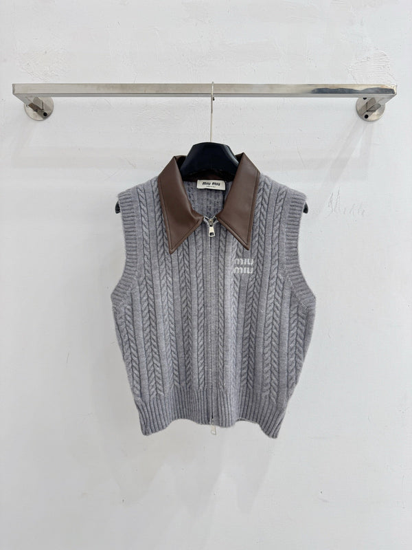 Miu Cable-Knit Zip-Up Sweater Vest Leather Collar Wool 801967