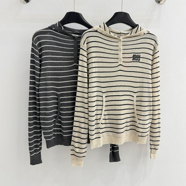Miu Striped Logo Hoodie Cotton 801952