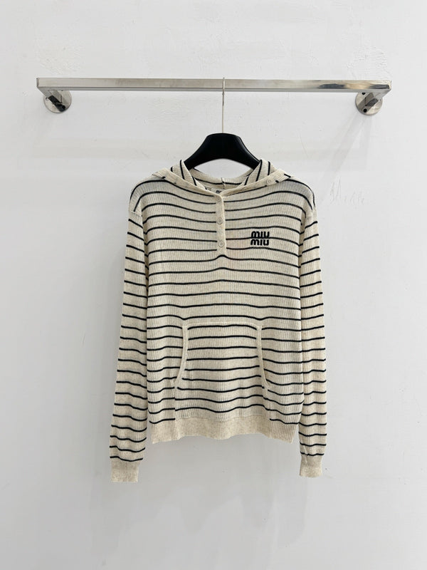 Miu Striped Logo Hoodie Cotton 801952