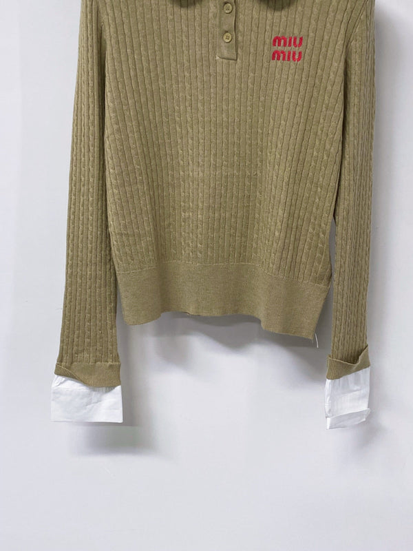 Miu Embroidered Logo Polo Sweater Poplin Collar Tencel 799799