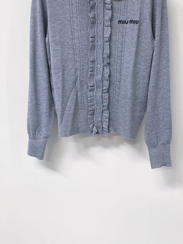 Miu Embroidered Logo Cardigan Ruffled Collar Tencel 799805