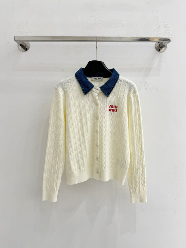 Miu Cable-Knit Cardigan Denim Collar White Wool 794380