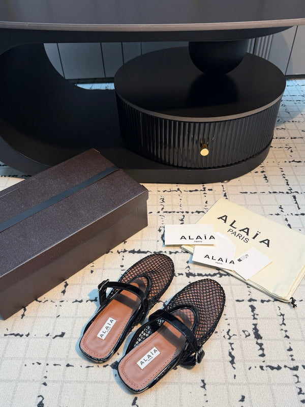 Alaia Mesh Buckle Strap Mules Black Patent Leather 950601
