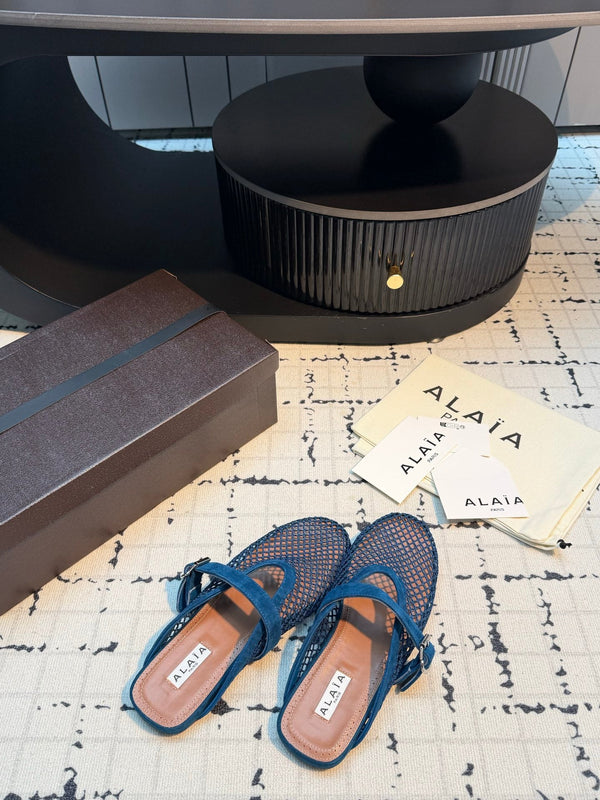 Alaia Mesh Buckle Strap Mules Navy Suede Leather 950599