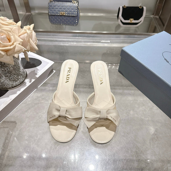 Prad Bow-Detail Kitten Heel Mules 7.5CM Cream Leather 951942