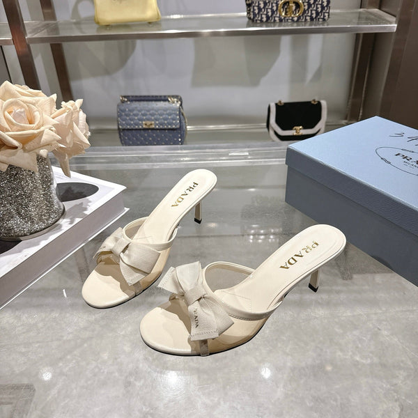Prad Bow-Detail Kitten Heel Mules 7.5CM Cream Leather 951942
