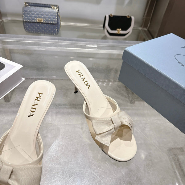 Prad Bow-Detail Kitten Heel Mules 7.5CM Cream Leather 951942
