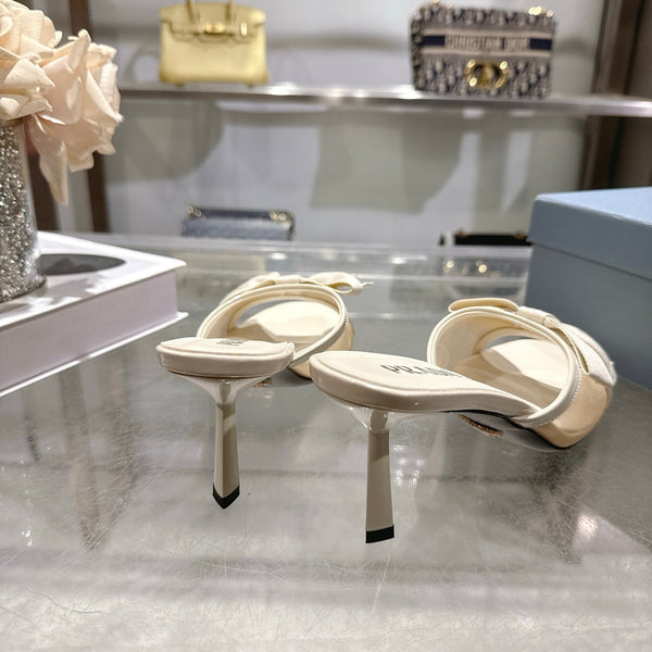 Prad Bow-Detail Kitten Heel Mules 7.5CM Cream Leather 951942