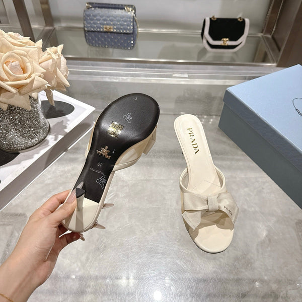Prad Bow-Detail Kitten Heel Mules 7.5CM Cream Leather 951942