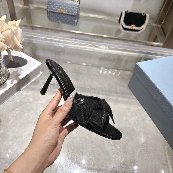 Prad Bow-Detail Kitten Heel Mules 7.5CM Black Leather 951941