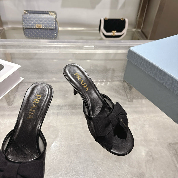 Prad Bow-Detail Kitten Heel Mules 7.5CM Black Leather 951941