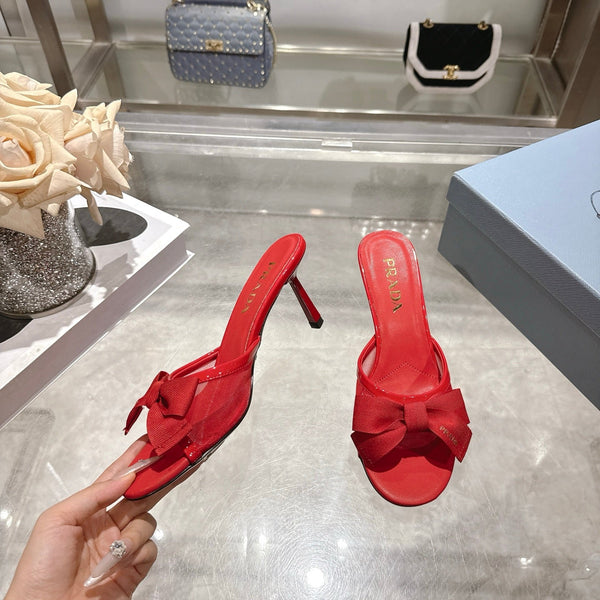 Prad Bow-Detail Kitten Heel Mules 7.5CM Red Leather 951939