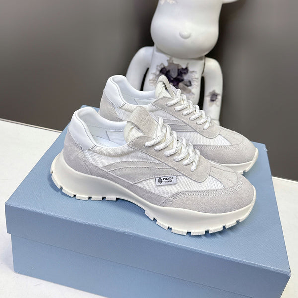 Prad 26ss Milano Logo Label Sneakers Off-White & Light Gray Mesh Suede 951933