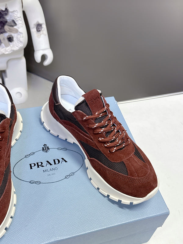 Prad 26ss Milano Logo Label Sneakers Dark Brown Black Mesh Suede 951930