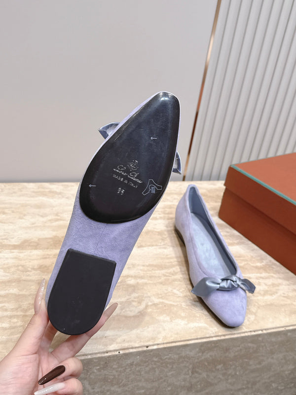 LP Primula Pointed-Toe Ballet Flats Silk Bow Blue Suede 954477
