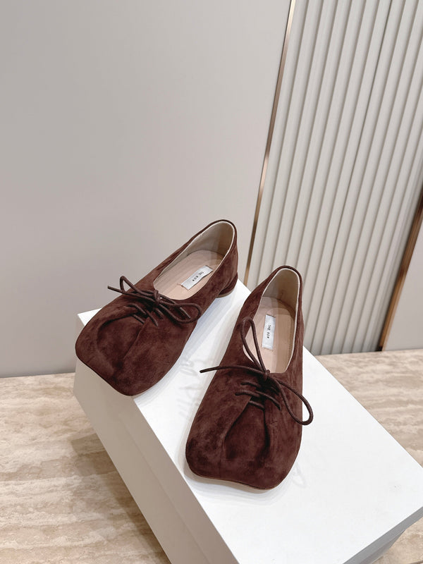 TR Lace-Up Ballet Flats Square Toe Dark Brown Suede 954410