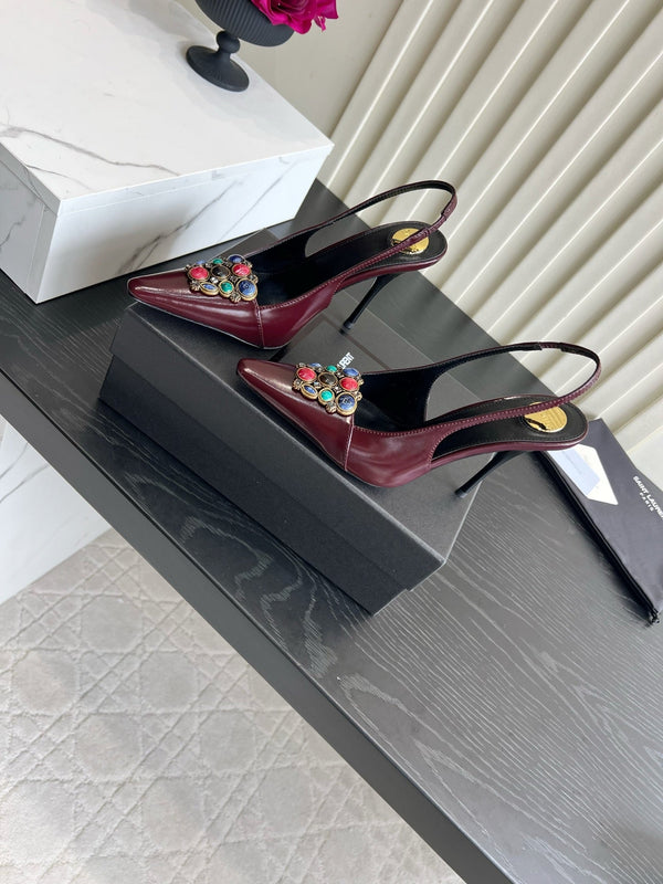 YSL Iceland Slingback Pumps 10CM Crystal Embellishment Burgundy Leather 956513