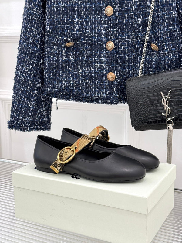 Burberry Robin Mary Jane Flats Check Strap Black Leather 956170