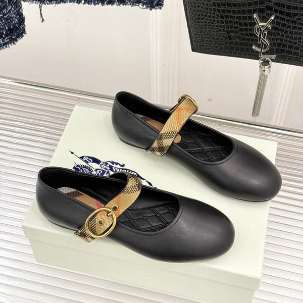 Burberry Robin Mary Jane Flats Check Strap Black Leather 956170